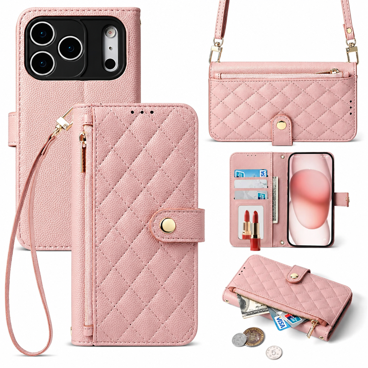 Premium iPhone Case Crossbody PU Leather Wallet Cover with Card Holder and Lanyard Strap, Anti Scratch Non Slip Surface, Durable Protective Design