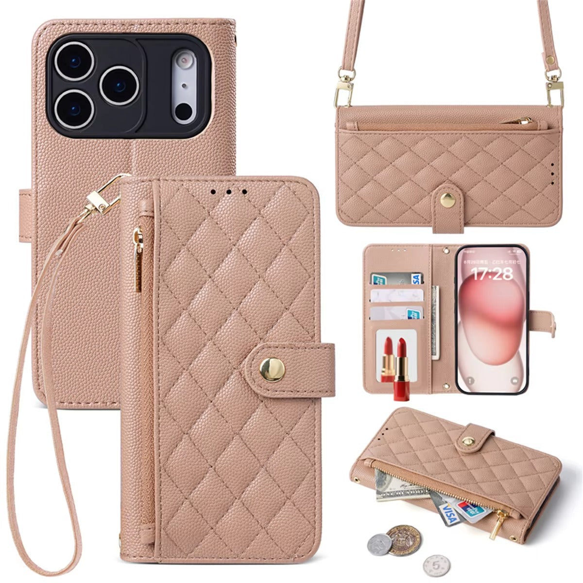 Premium iPhone Case Crossbody PU Leather Wallet Cover with Card Holder and Lanyard Strap, Anti Scratch Non Slip Surface, Durable Protective Design
