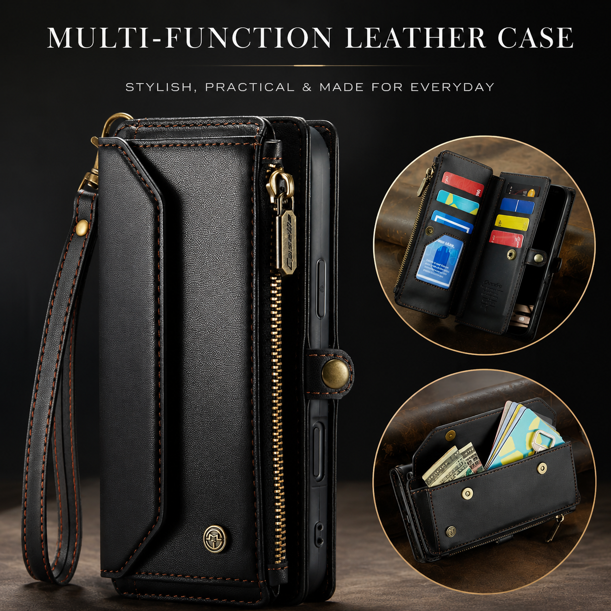 Premium iPhone Case Crossbody PU Leather Wallet Flip Cover RFID Blocking 7–10 Card Holder Wristlet Strap Shockproof Full-Body Protective Design
