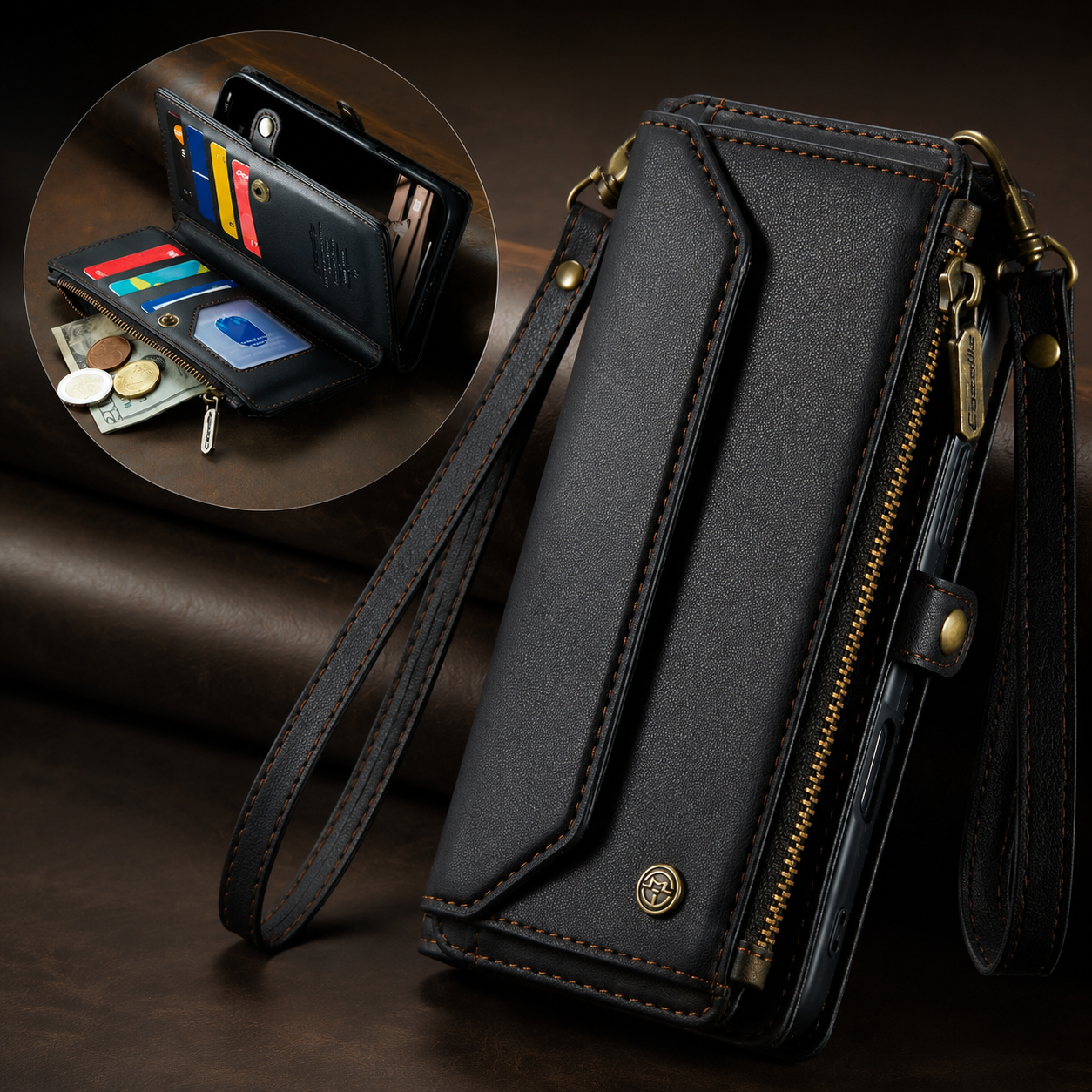 Premium iPhone Case Crossbody PU Leather Wallet Flip Cover RFID Blocking 7–10 Card Holder Wristlet Strap Shockproof Full-Body Protective Design