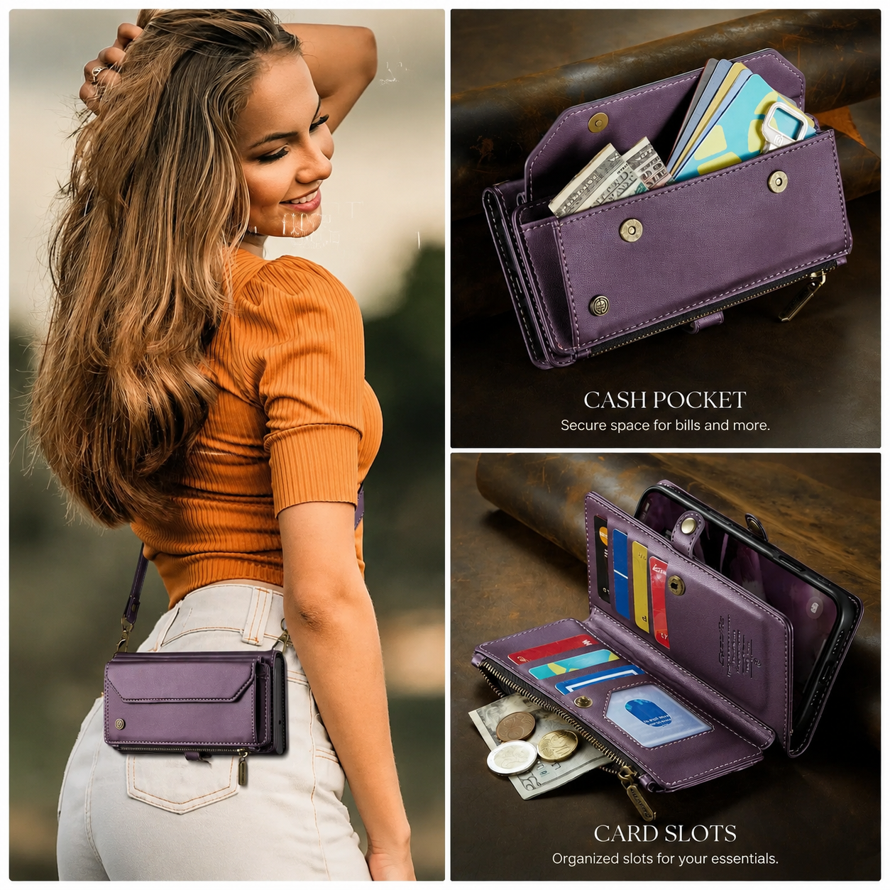 Premium iPhone Case Crossbody PU Leather Wallet Flip Cover RFID Blocking 7–10 Card Holder Wristlet Strap Shockproof Full-Body Protective Design
