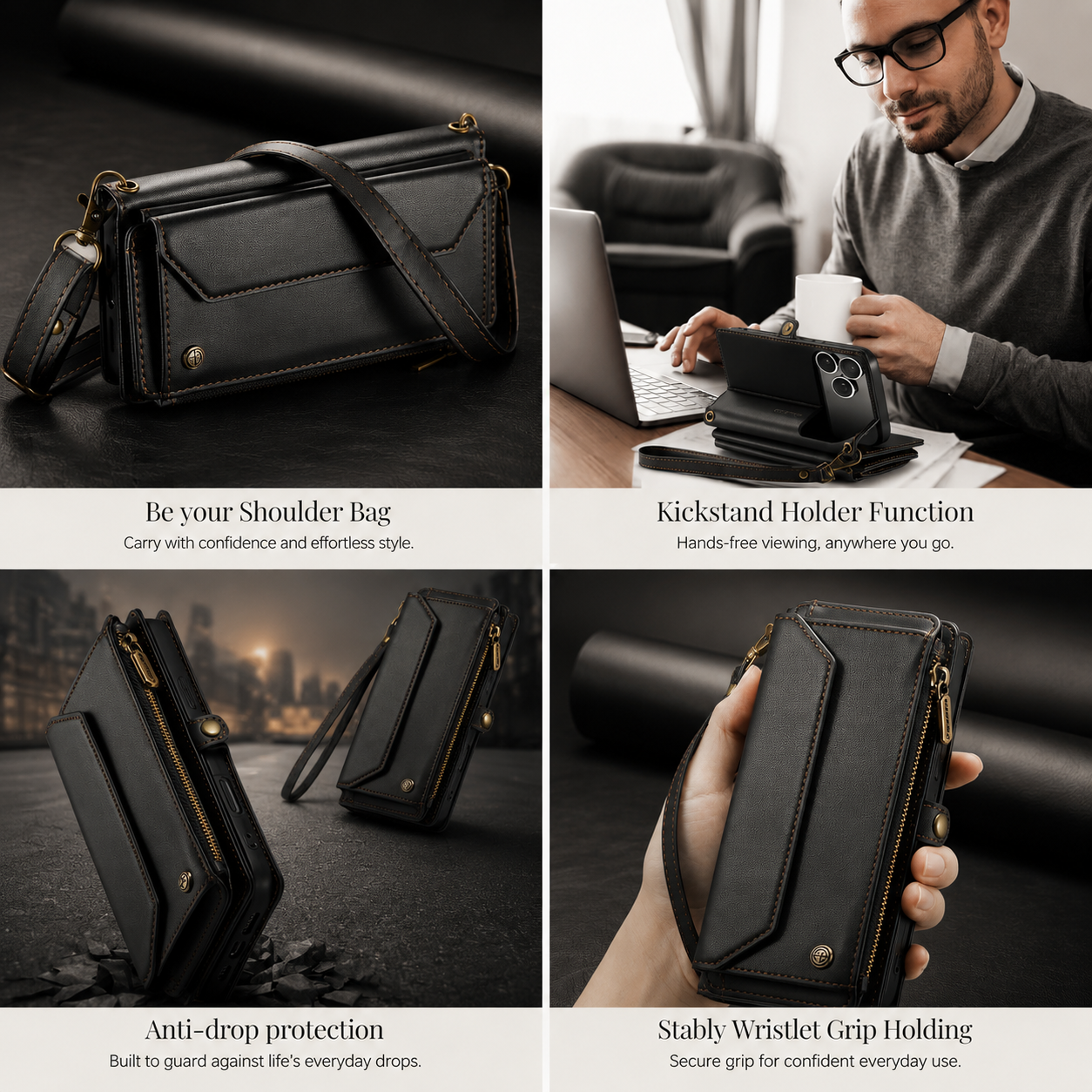 Premium iPhone Case Crossbody PU Leather Wallet Flip Cover with RFID Blocking, 7–10 Card Slots, Wristlet Strap, Kickstand Function & Shockproof Full-Body Protection
