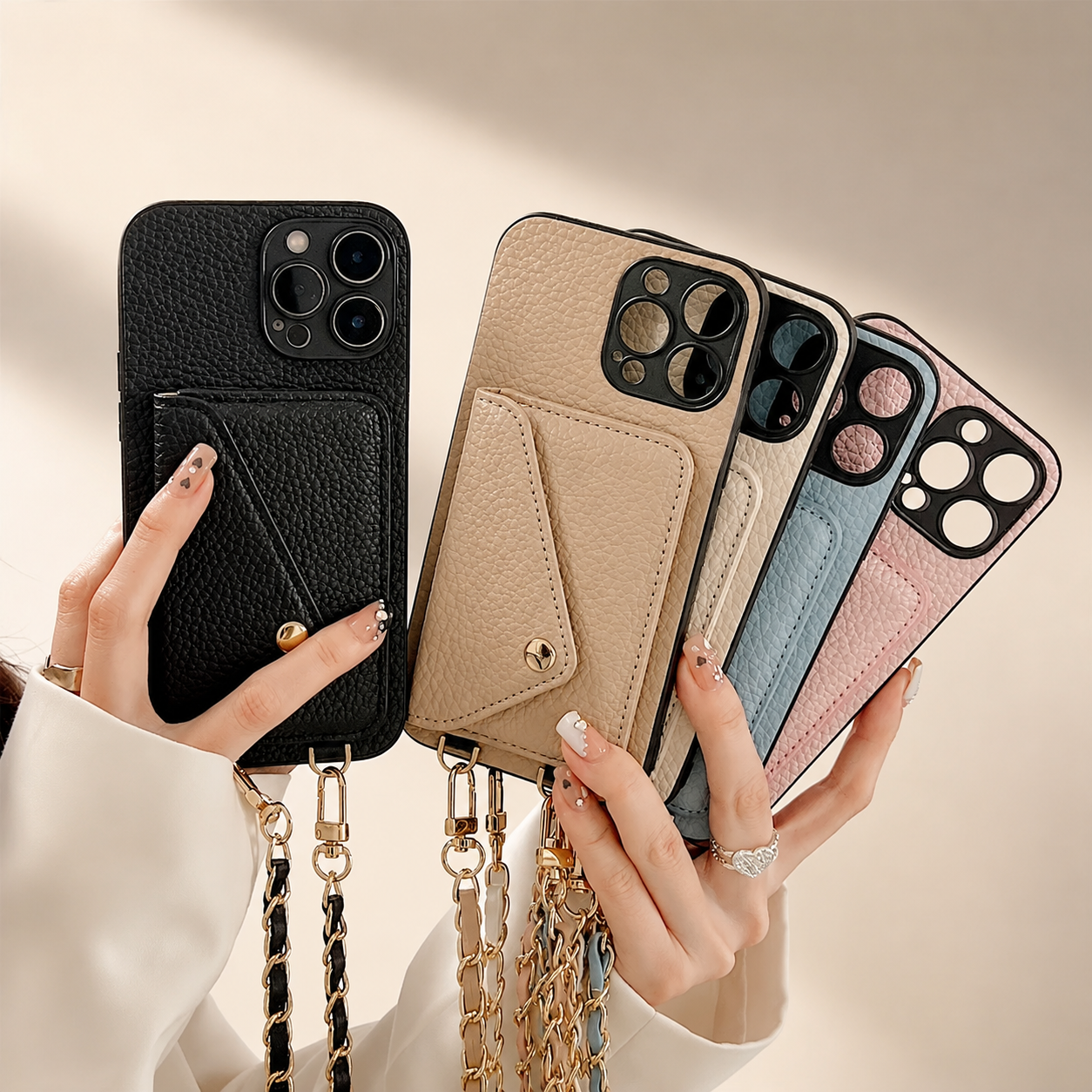 Premium iPhone Case Crossbody Wallet Cover Card Holder PU Leather Protective Case Chain Strap Lanyard Design Shockproof Anti Scratch Everyday Carry