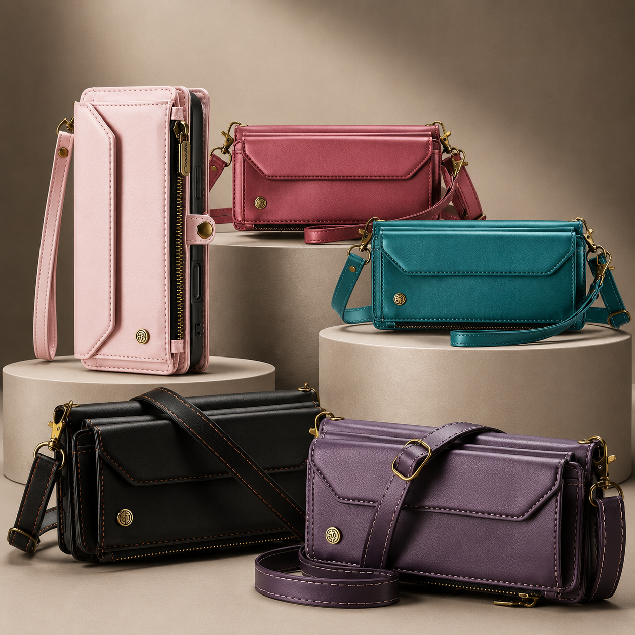 Premium iPhone Case Crossbody Wallet Cover Card Holder RFID Protection PU Leather Case Shockproof Design Adjustable Shoulder Strap Wristlet Storage Compartment