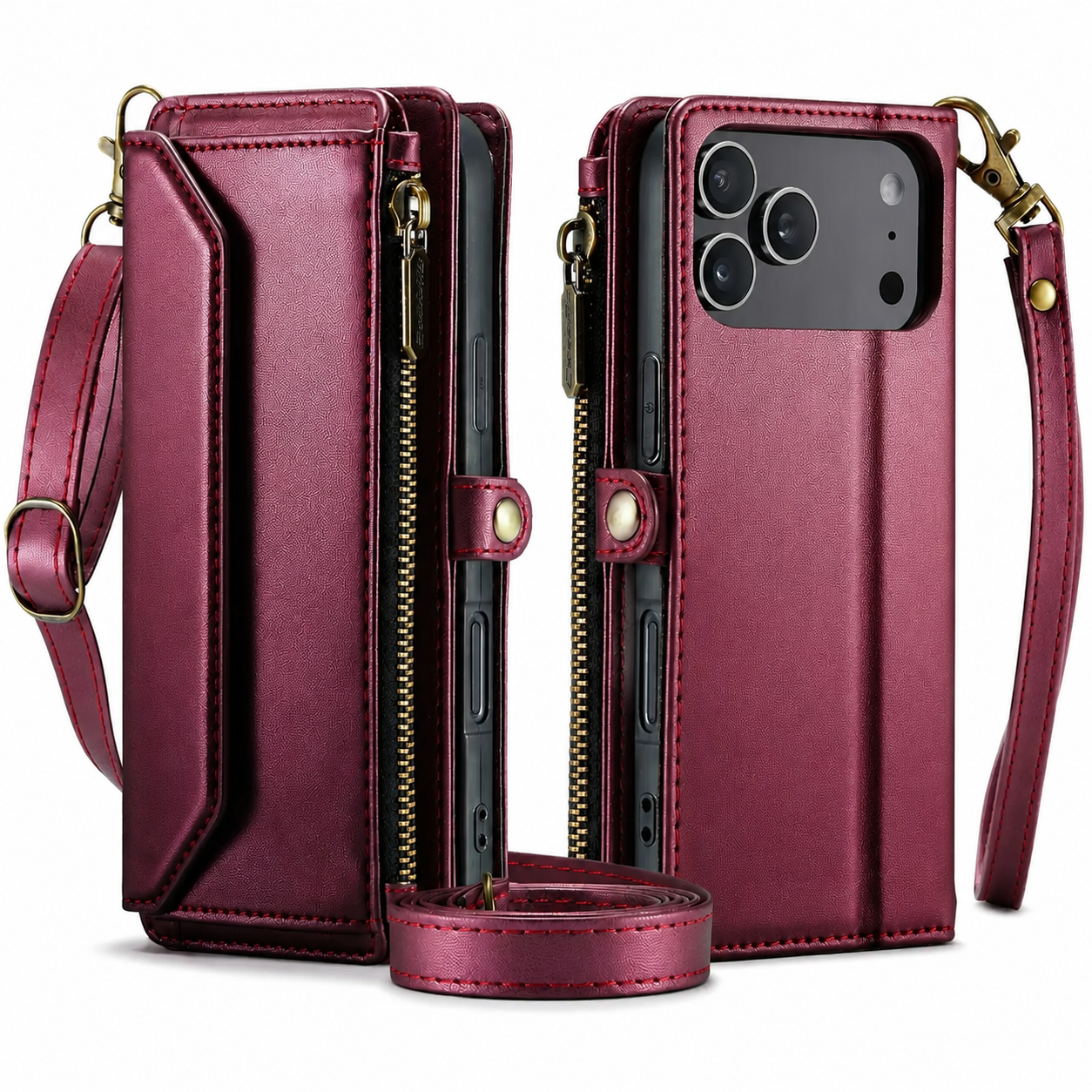 Premium iPhone Case Crossbody Wallet Cover Card Holder RFID Protection PU Leather Case Shockproof Design Adjustable Shoulder Strap Wristlet Storage Compartment