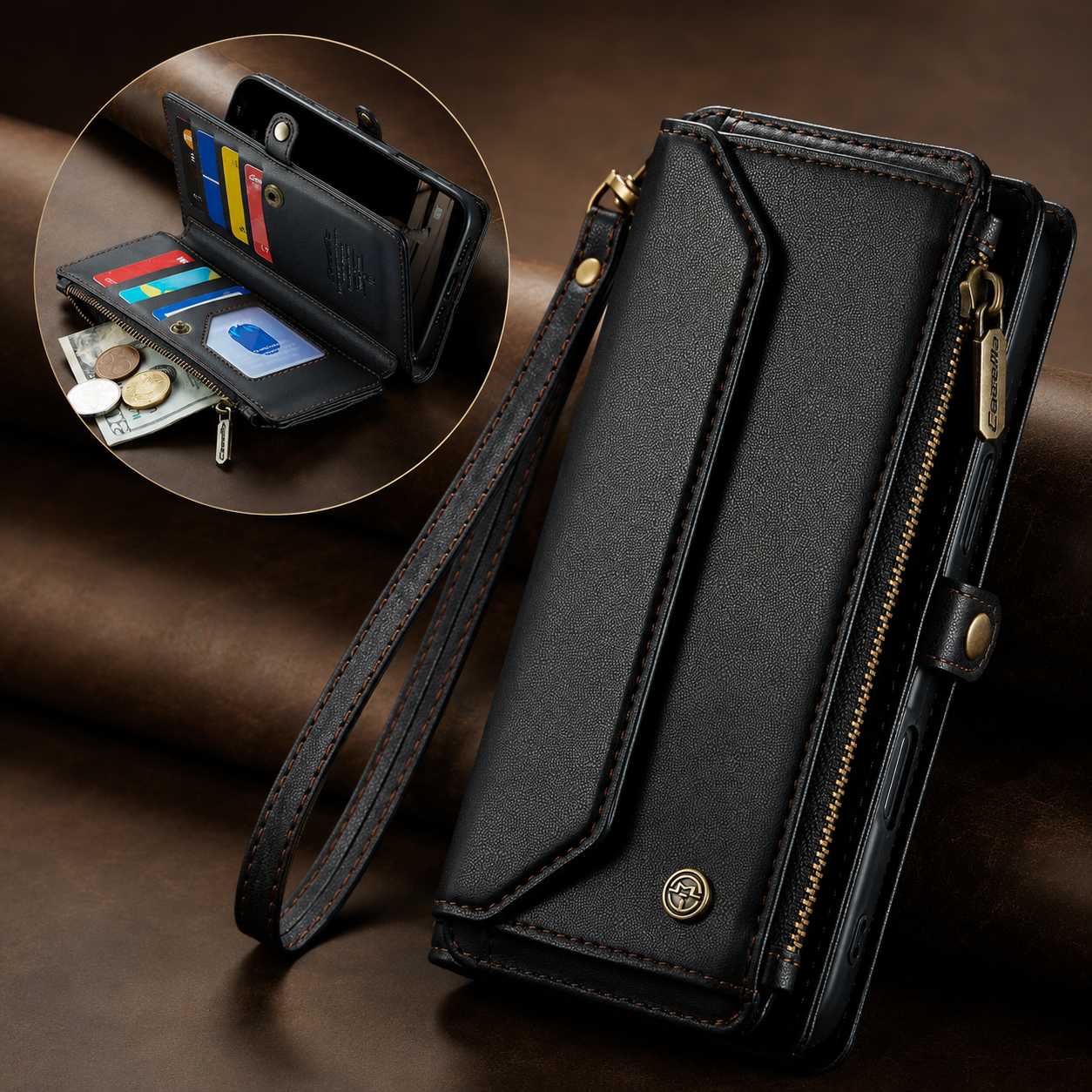 Premium iPhone Case Crossbody Wallet Cover Card Holder RFID Protection PU Leather Case Shockproof Design Adjustable Shoulder Strap Wristlet Storage Compartment