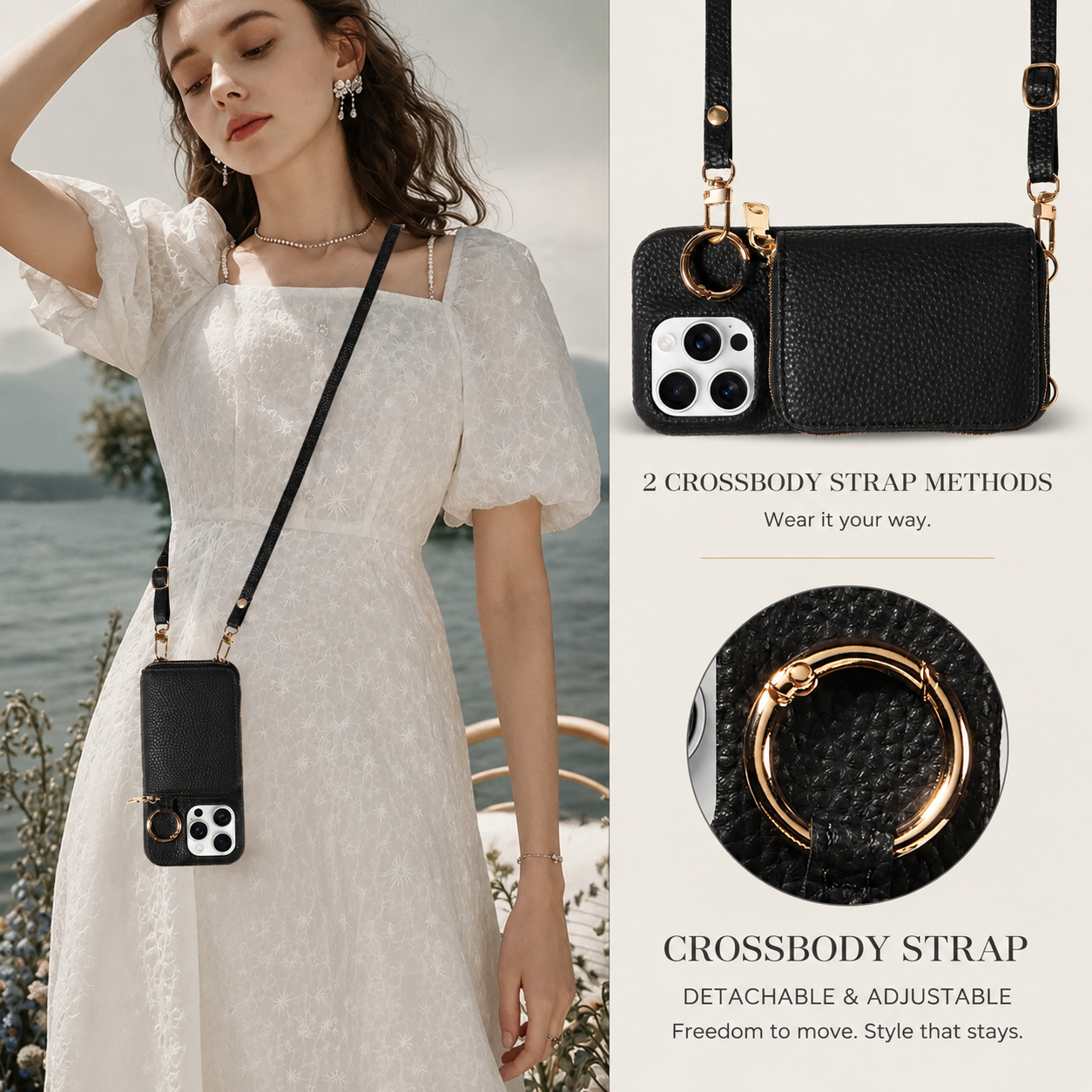 Premium iPhone Case Crossbody Wallet Cover Card Holder Ring Holder Shockproof Protective Case Faux Leather Anti Scratch Storage Compartment Design