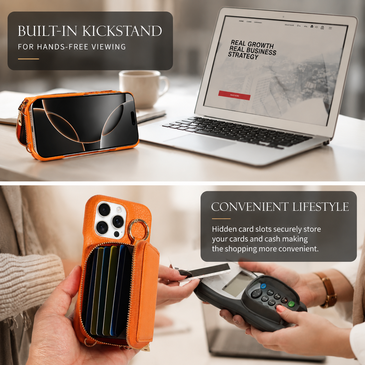 Premium iPhone Case Crossbody Wallet Cover Card Holder Ring Holder Shockproof Protective Case Faux Leather Anti Scratch Storage Compartment Design