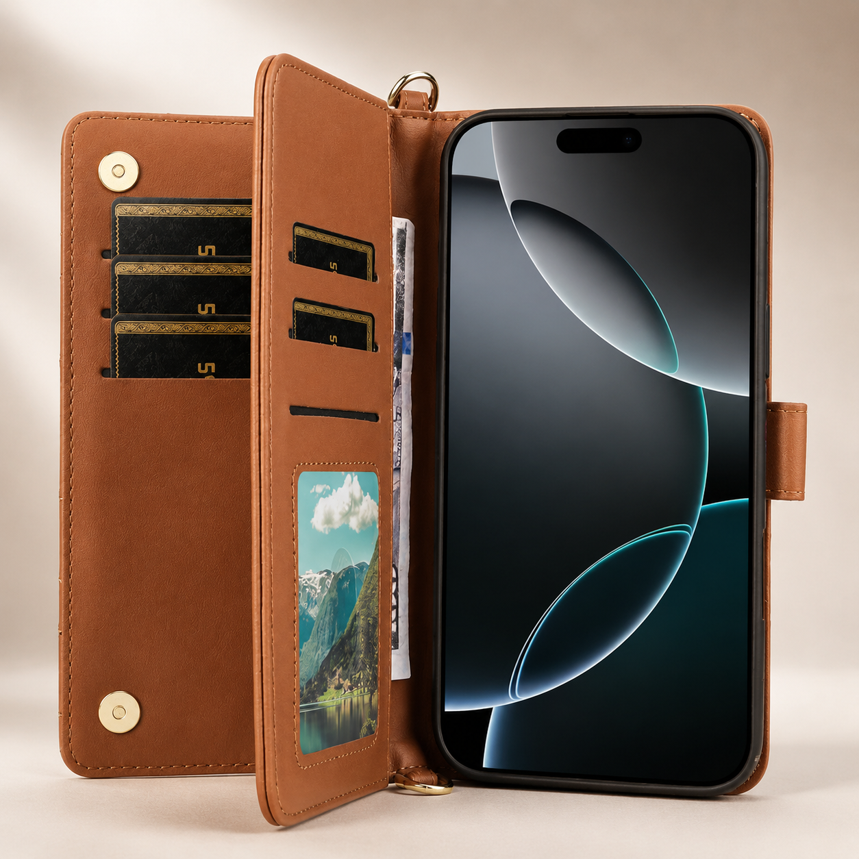 Premium iPhone Case Crossbody Wallet Cover PU Leather Card Holder Magnetic Closure Shoulder Strap Shockproof Full Protection Organizer Carrying