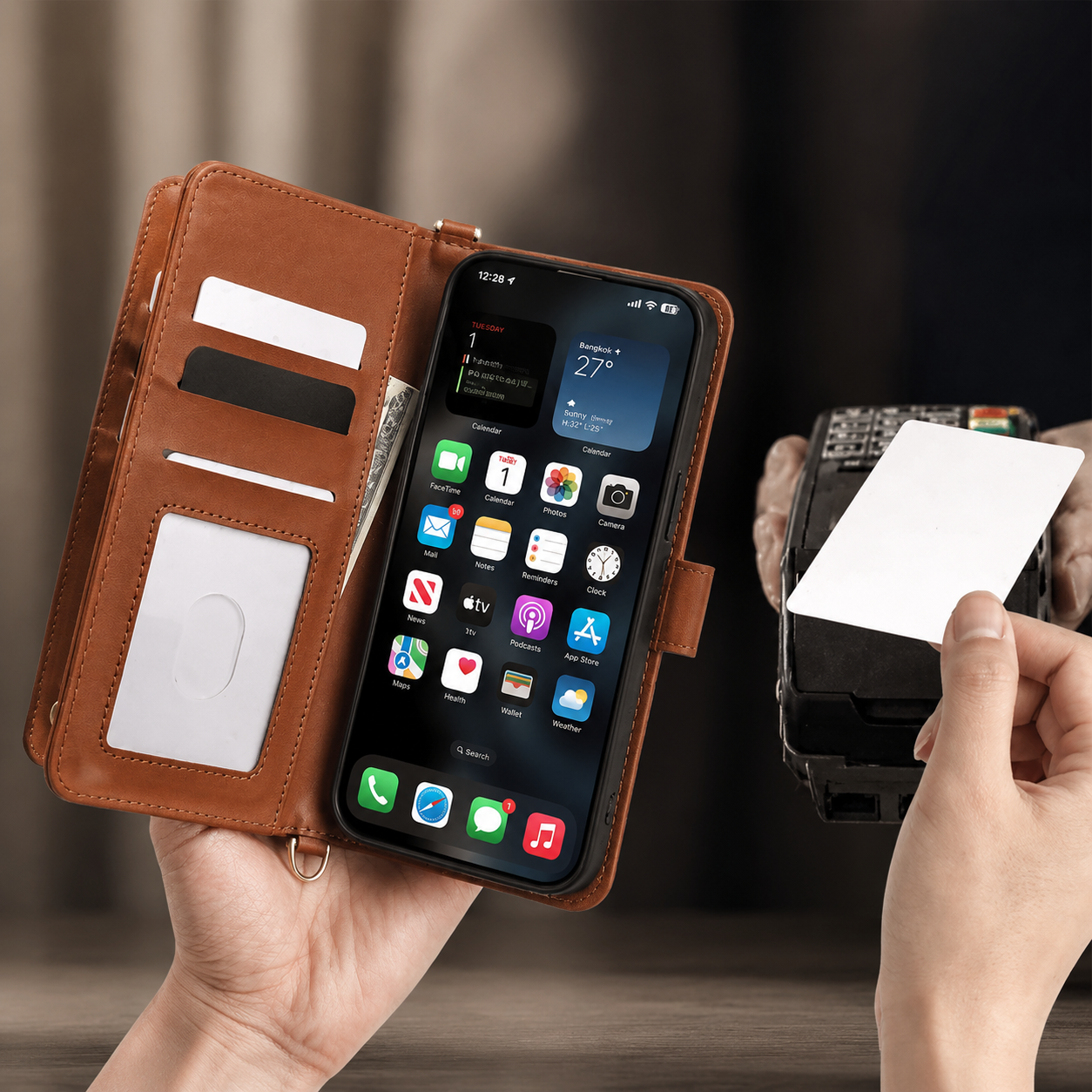 Premium iPhone Case Crossbody Wallet Cover PU Leather Card Holder Magnetic Closure Shoulder Strap Shockproof Full Protection Organizer Carrying