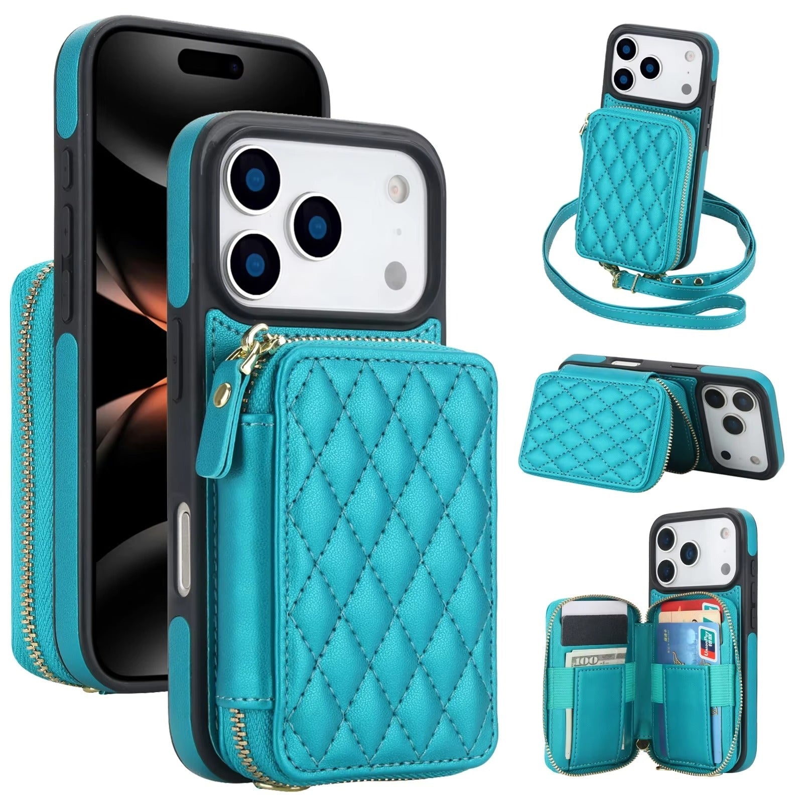 Premium iPhone Case Crossbody Wallet Cover RFID Protection Card Holder Zipper Handbag Kickstand Wrist Strap Lanyard Protective Folio Design