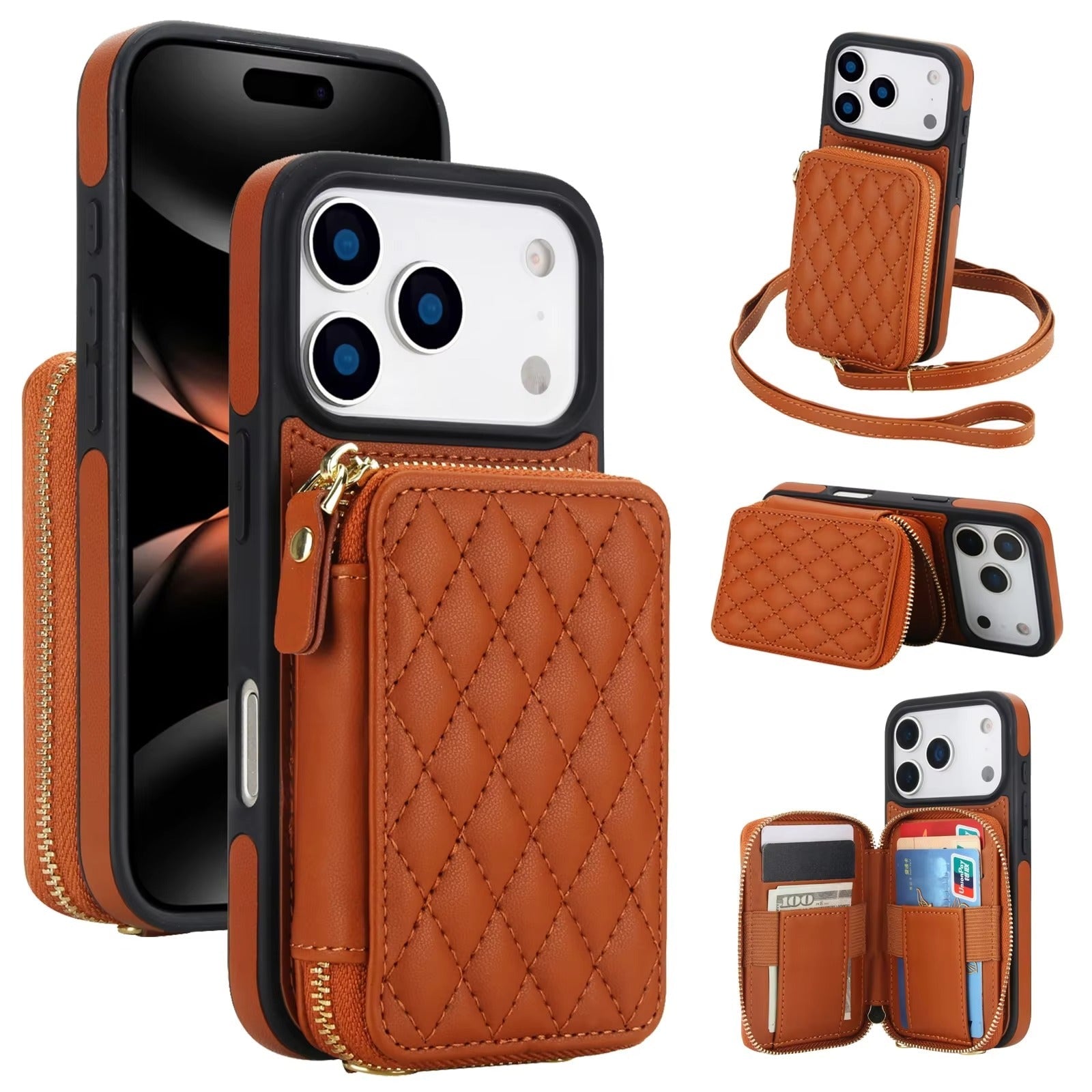 Premium iPhone Case Crossbody Wallet Cover RFID Protection Card Holder Zipper Handbag Kickstand Wrist Strap Lanyard Protective Folio Design
