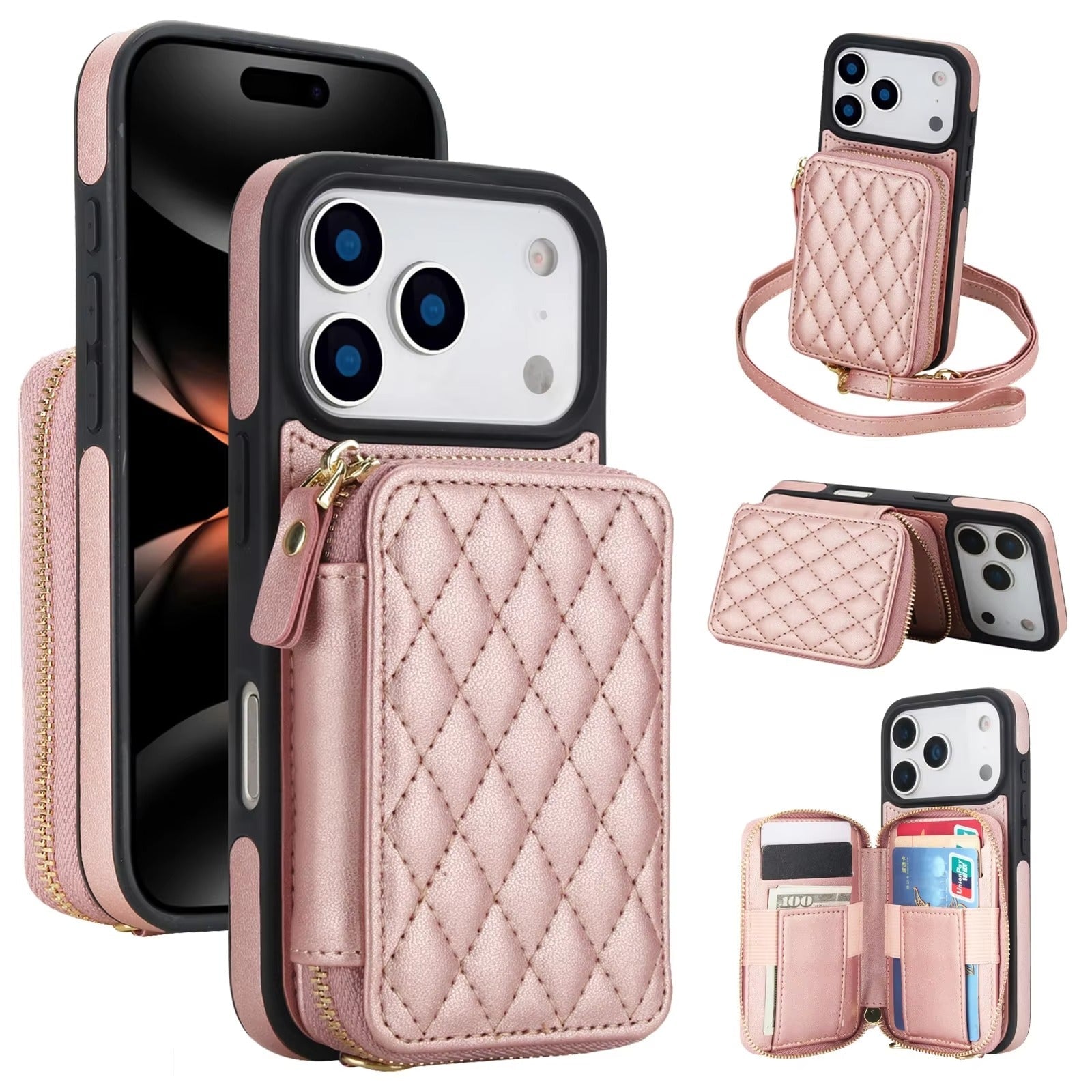 Premium iPhone Case Crossbody Wallet Cover RFID Protection Card Holder Zipper Handbag Kickstand Wrist Strap Lanyard Protective Folio Design