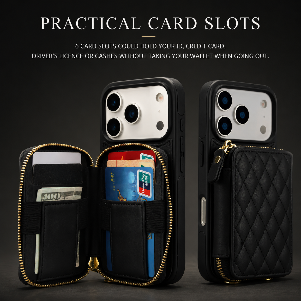 Premium iPhone Case Crossbody Wallet Cover RFID Protection Card Holder Zipper Handbag Kickstand Wrist Strap Lanyard Protective Folio Design