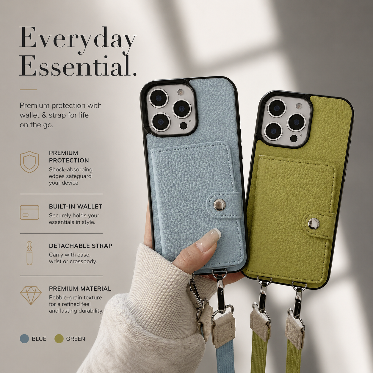 Premium iPhone Case Crossbody Wallet Cover with Card Slots, Zipper Coin Purse, Long Lanyard Strap, Shockproof Protection and Secure Everyday Storage