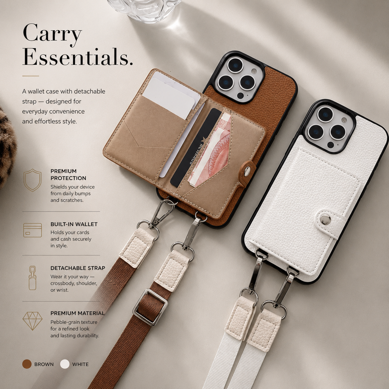 Premium iPhone Case Crossbody Wallet Cover with Card Slots, Zipper Coin Purse, Long Lanyard Strap, Shockproof Protection and Secure Everyday Storage