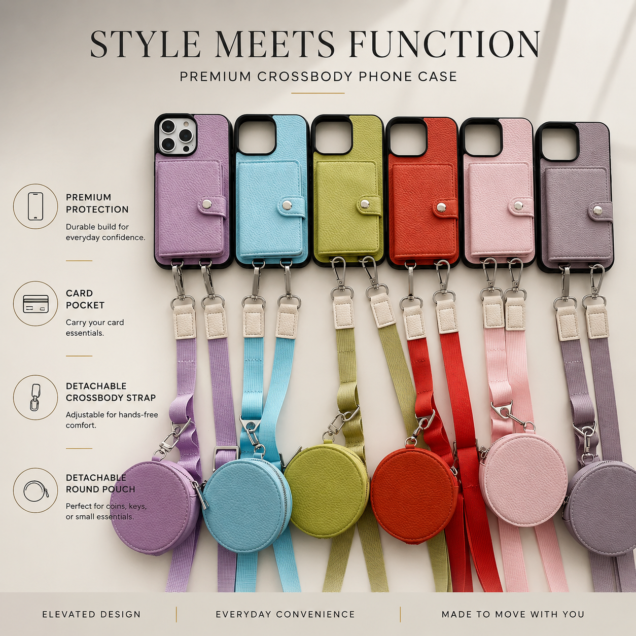Premium iPhone Case Crossbody Wallet Cover with Card Slots, Zipper Coin Purse, Long Lanyard Strap, Shockproof Protection and Secure Everyday Storage
