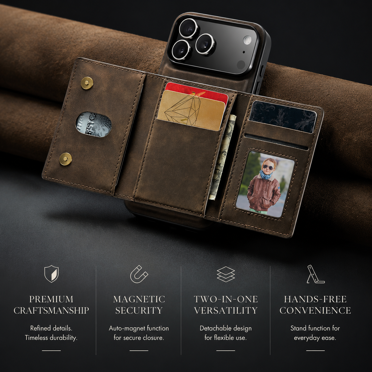 Premium iPhone Case Detachable Magnetic Wallet Cover Card Holder Kickstand Protective Case Full Body Leather Design Anti Fingerprint Everyday Carry