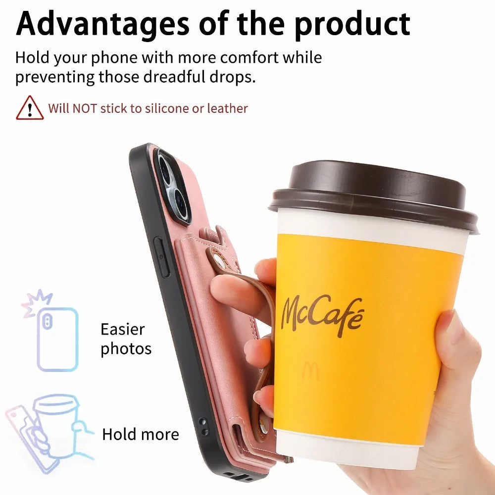 Premium iPhone Case Detachable Zipper Wallet Flip Cover PU Leather Card Holder Magnetic Closure Wrist Strap Shockproof Full Coverage Design