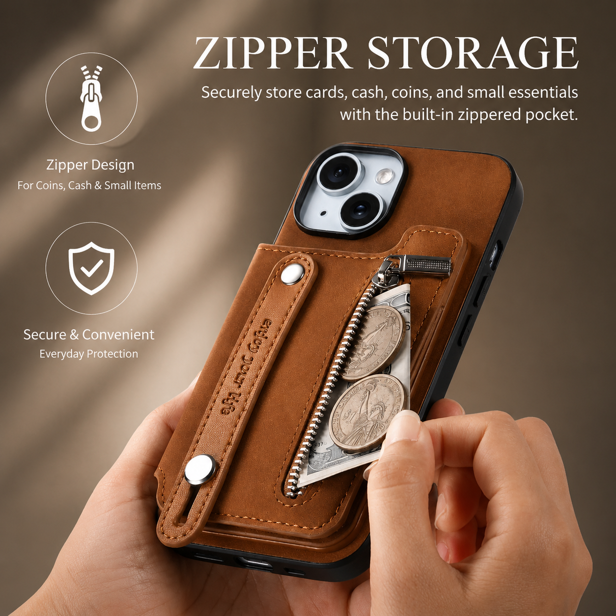 Premium iPhone Case Detachable Zipper Wallet Flip Cover PU Leather Card Holder Magnetic Closure Wrist Strap Shockproof Full Coverage Design