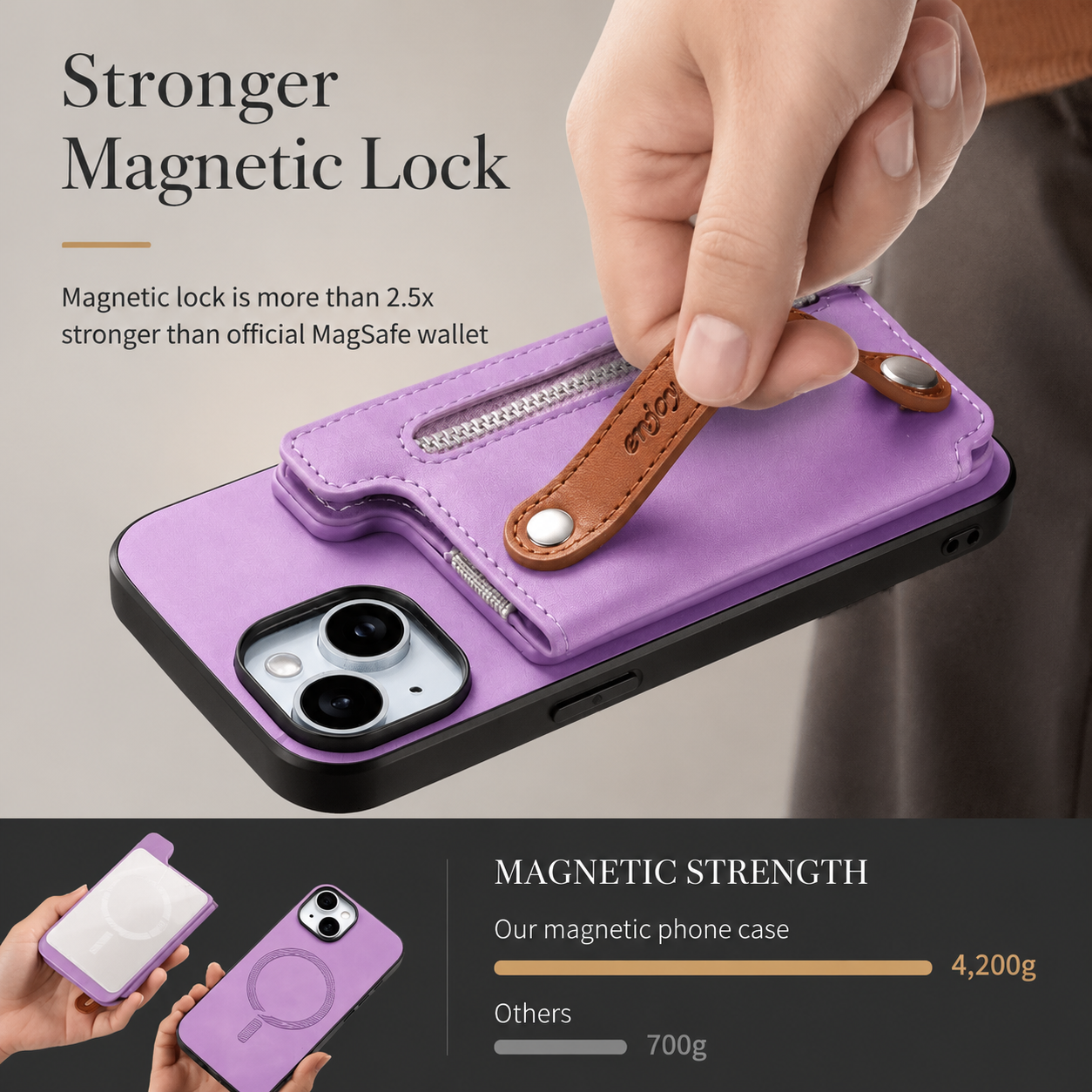 Premium iPhone Case Detachable Zipper Wallet Flip Cover PU Leather Card Holder Magnetic Closure Wrist Strap Shockproof Full Coverage Design