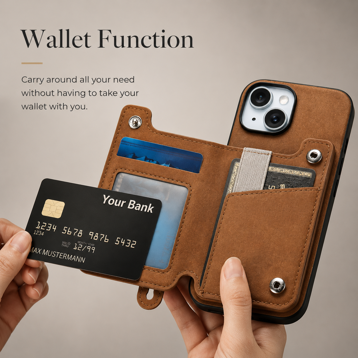 Premium iPhone Case Detachable Zipper Wallet Flip Cover PU Leather Card Holder Magnetic Closure Wrist Strap Shockproof Full Coverage Design