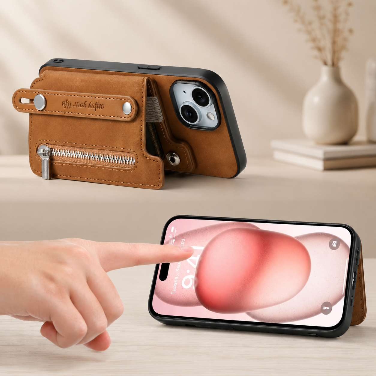 Premium iPhone Case Detachable Zipper Wallet Flip Cover PU Leather Card Holder Magnetic Closure Wrist Strap Shockproof Full Coverage Design