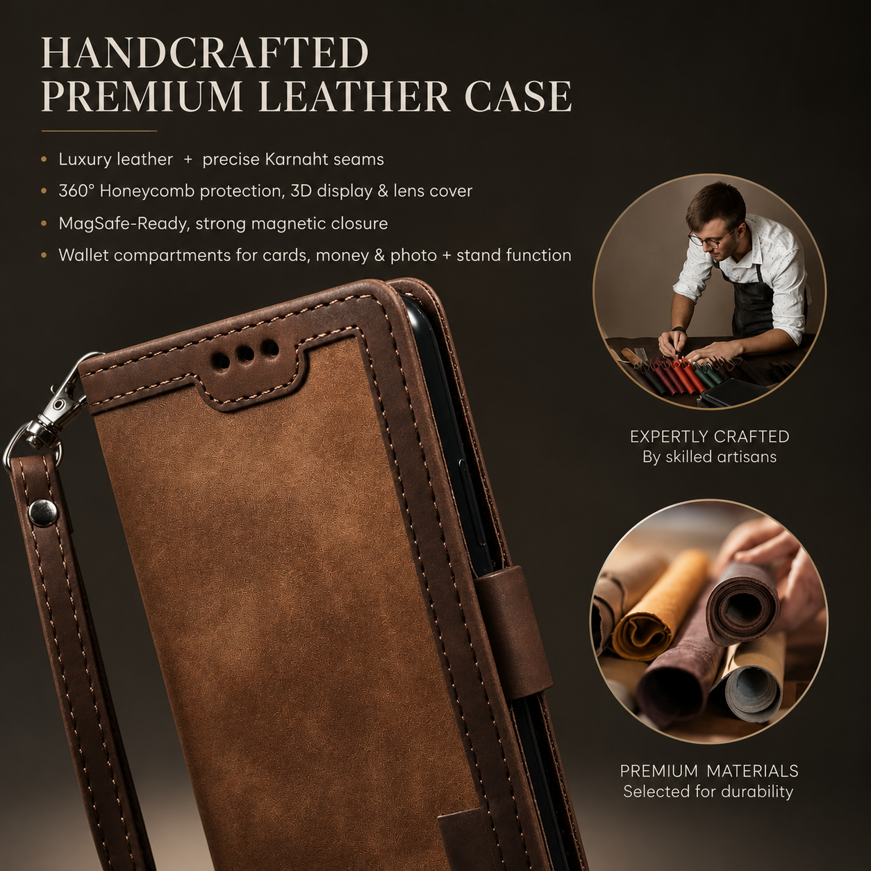 Premium iPhone Case Flip Wallet MagSafe Compatible Genuine Leather Magnetic Closure Card Holder Shockproof Protective Cover Camera Lens Protection Slim Design