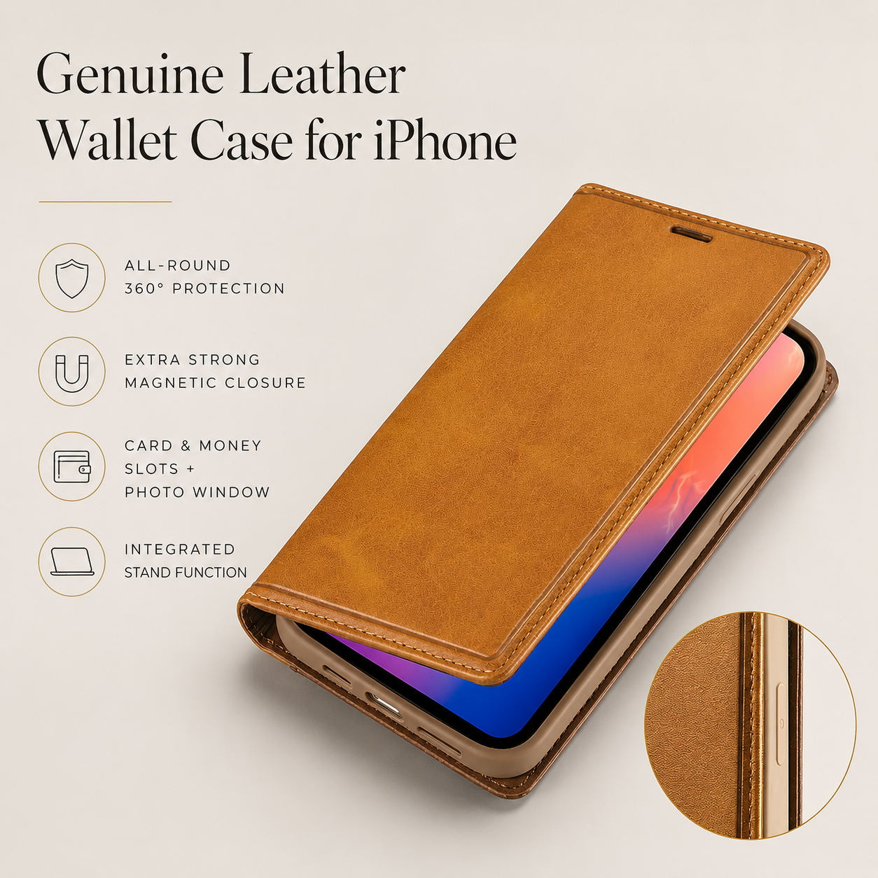 Premium iPhone Case Flip Wallet MagSafe Compatible Genuine Leather Magnetic Closure Card Holder Shockproof Protective Cover Camera Lens Protection Slim Design