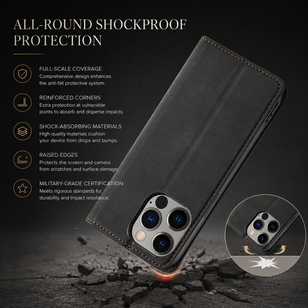 Premium iPhone Case Flip Wallet MagSafe Compatible Leather Card Holder Magnetic Closure Shockproof Protective Cover Camera Lens Protection Stand Function