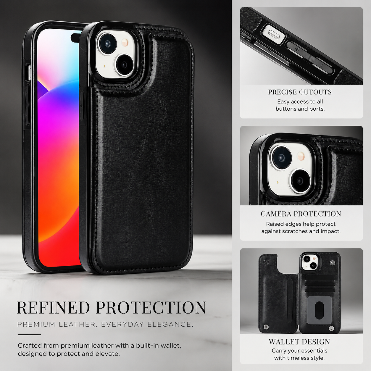 Premium iPhone Case Flip Wallet MagSafe Compatible Leather Card Holder RFID Blocking Magnetic Shockproof Protective Cover Camera Lens Protection Stand Function