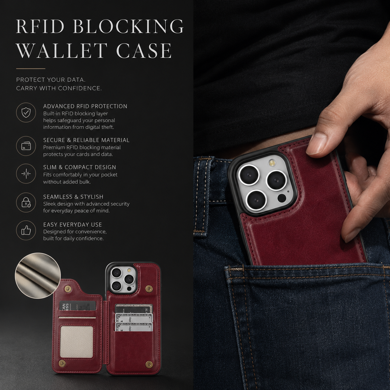 Premium iPhone Case Flip Wallet MagSafe Compatible Leather Card Holder RFID Blocking Magnetic Shockproof Protective Cover Camera Lens Protection Stand Function