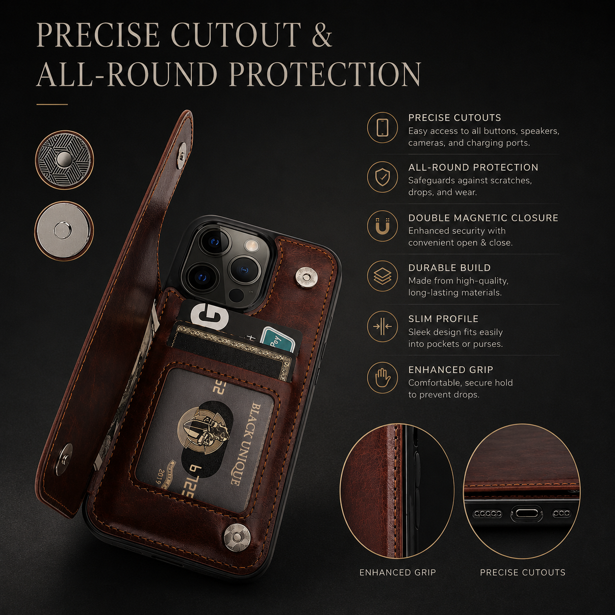 Premium iPhone Case Flip Wallet MagSafe Compatible Leather Card Holder RFID Blocking Magnetic Shockproof Protective Cover Camera Lens Protection Stand Function