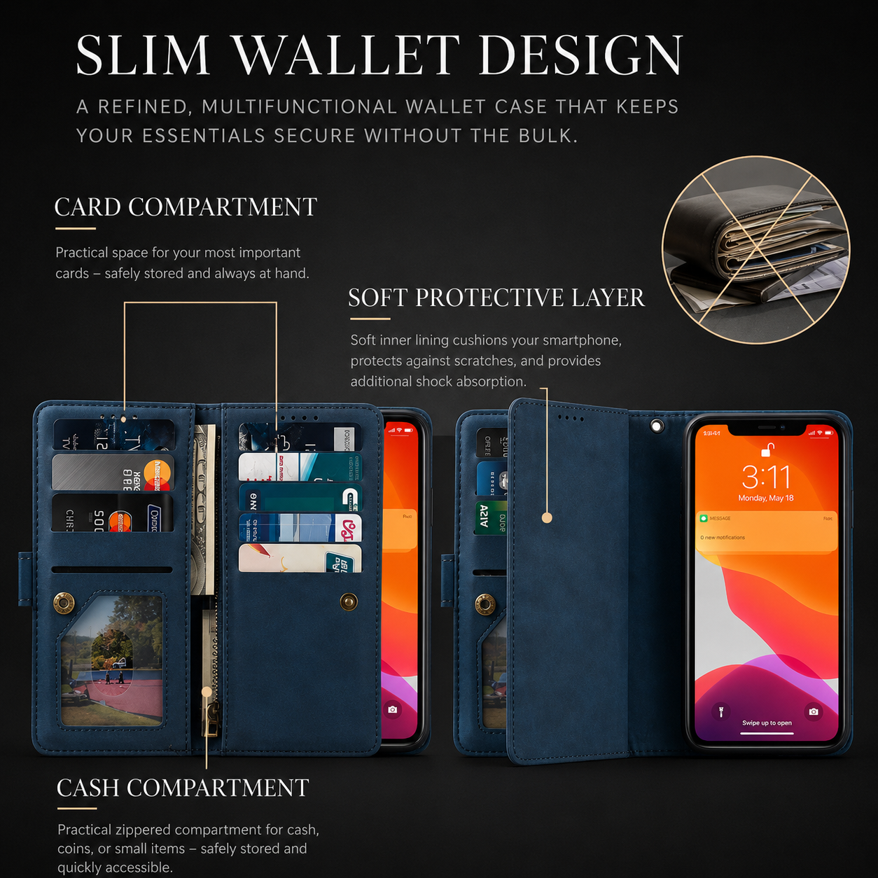 Premium iPhone Case Flip Wallet MagSafe Compatible Leather Zipper Card Holder Protective Cover Shockproof Strap Stand Function Camera Lens Protection