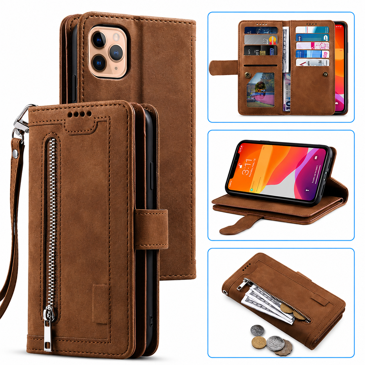 Premium iPhone Case Flip Wallet MagSafe Compatible Leather Zipper Card Holder Protective Cover Shockproof Strap Stand Function Camera Lens Protection