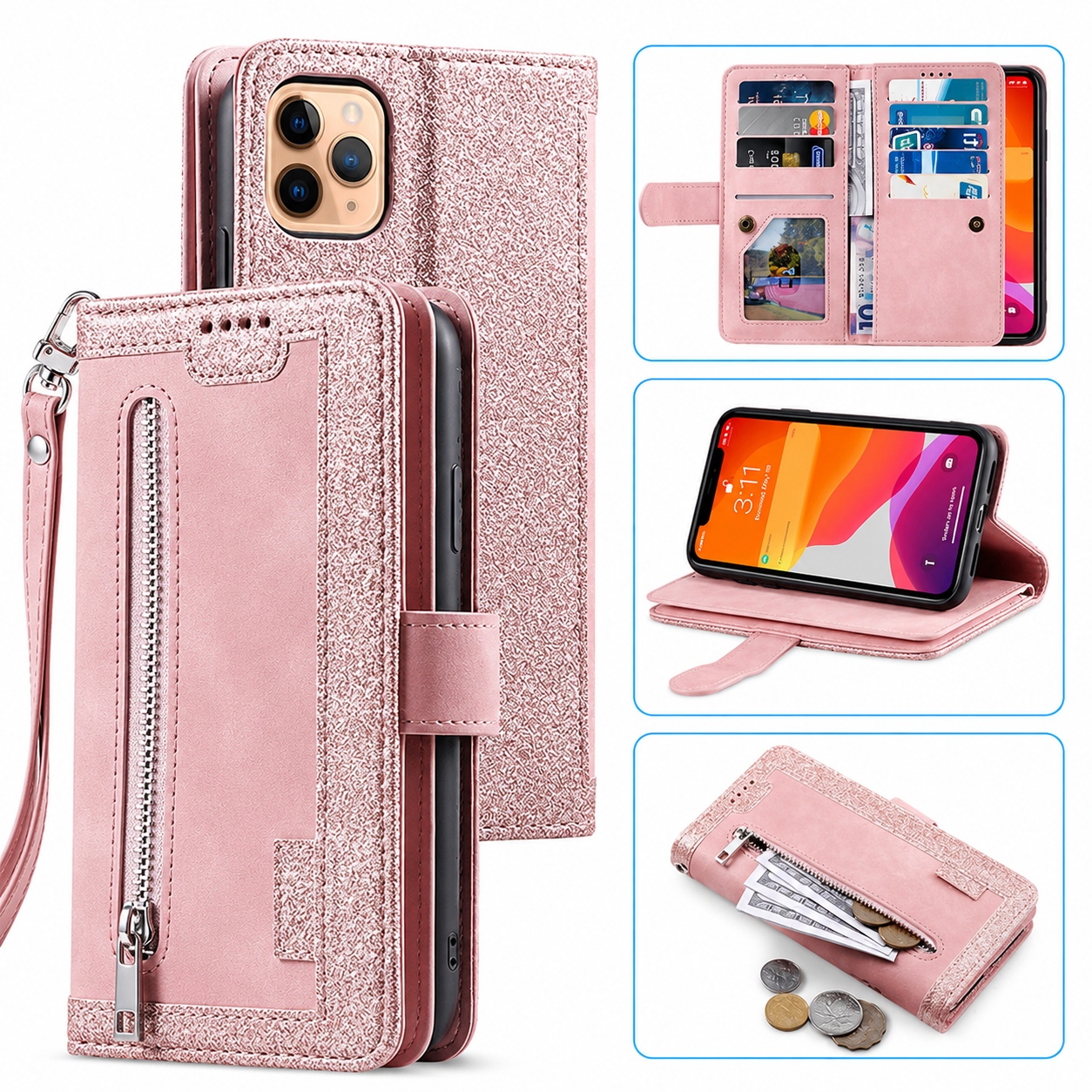 Premium iPhone Case Flip Wallet MagSafe Compatible Leather Zipper Card Holder Protective Cover Shockproof Strap Stand Function Camera Lens Protection