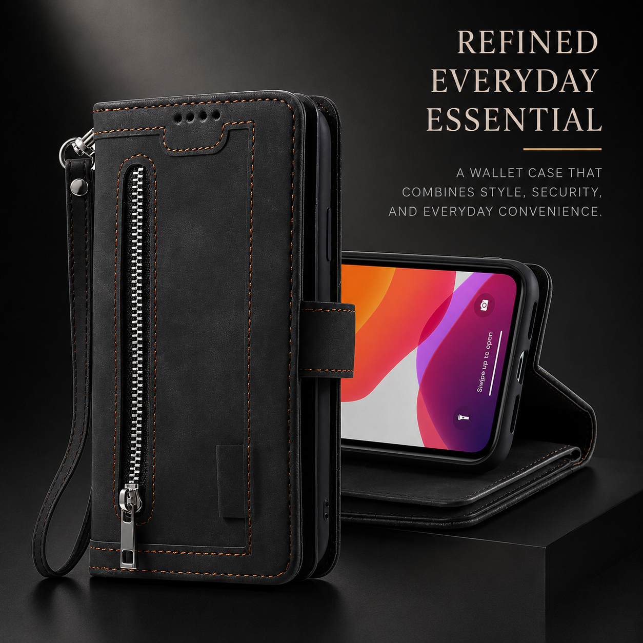 Premium iPhone Case Flip Wallet MagSafe Compatible Leather Zipper Card Holder Protective Cover Shockproof Strap Stand Function Camera Lens Protection