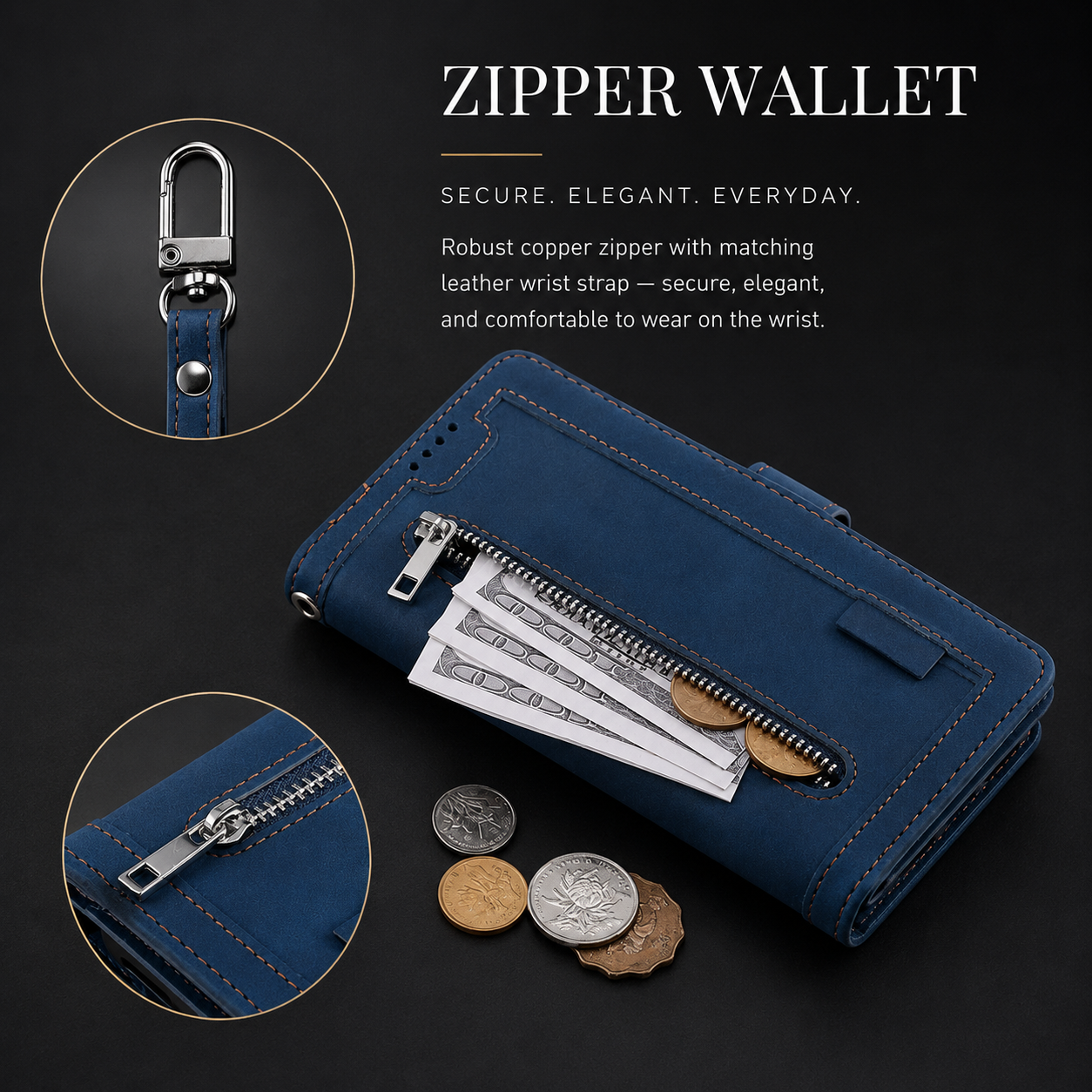 Premium iPhone Case Flip Wallet MagSafe Compatible Leather Zipper Card Holder Protective Cover Shockproof Strap Stand Function Camera Lens Protection