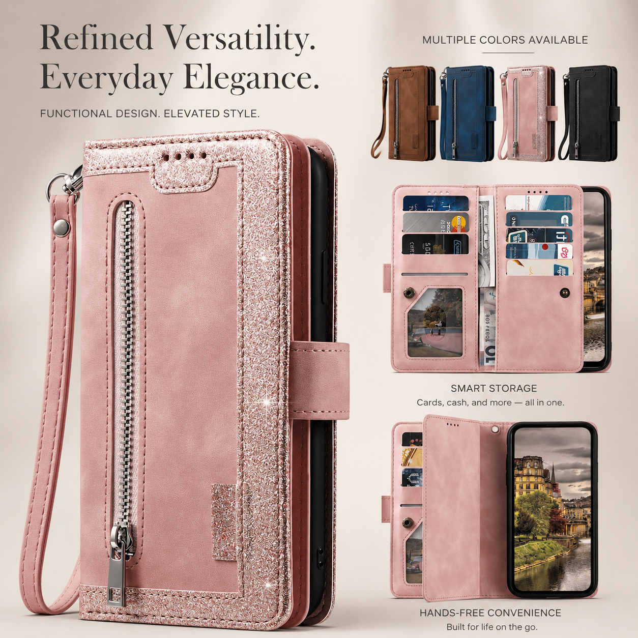 Premium iPhone Case Flip Wallet MagSafe Compatible Leather Zipper Card Holder Protective Cover Shockproof Strap Stand Function Camera Lens Protection