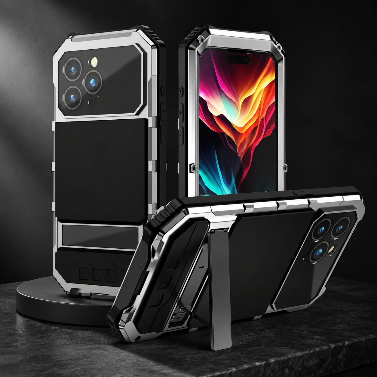 Premium iPhone Case Full Body Aluminum Armor Design with Camera Lens Protection, Built In Screen Guard, Dual Layer Shockproof Structure and Kickstand Function