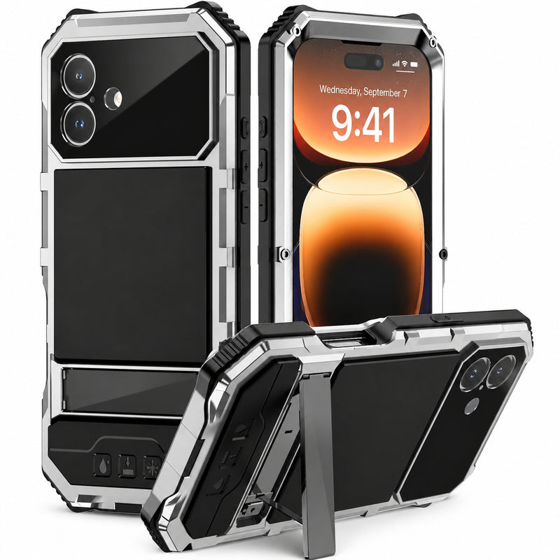 Premium iPhone Case Full Body Aluminum Armor Design with Camera Lens Protection, Built In Screen Guard, Dual Layer Shockproof Structure and Kickstand Function