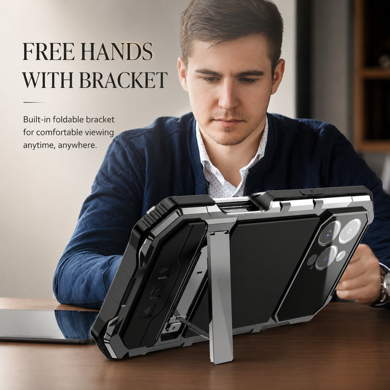 Premium iPhone Case Full Body Aluminum Armor Design with Camera Lens Protection, Built In Screen Guard, Dual Layer Shockproof Structure and Kickstand Function