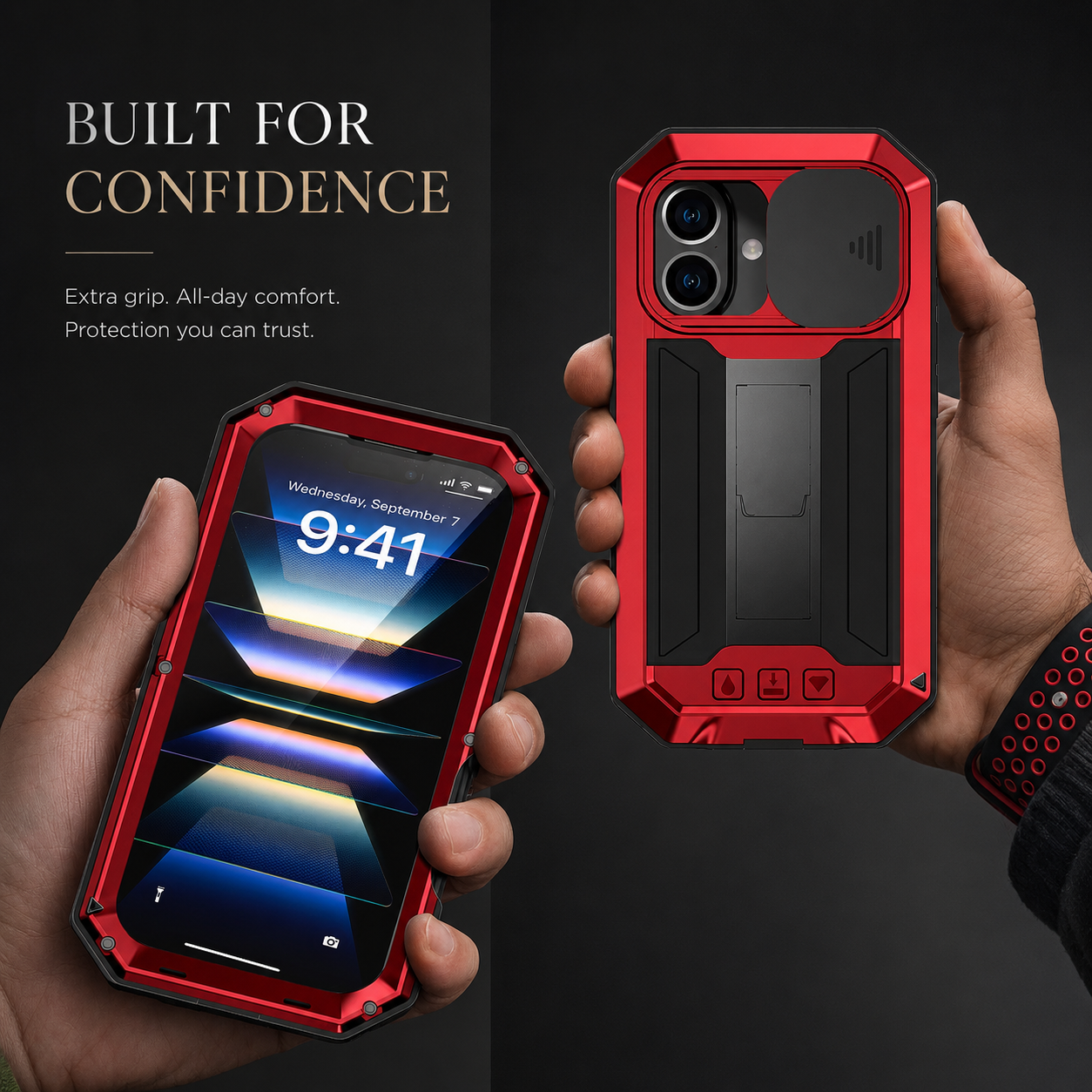 Premium iPhone Case Full Body Aluminum Armor Design with Camera Lens Protection, Built In Screen Guard, Heavy Duty Shockproof Construction and Secure Grip