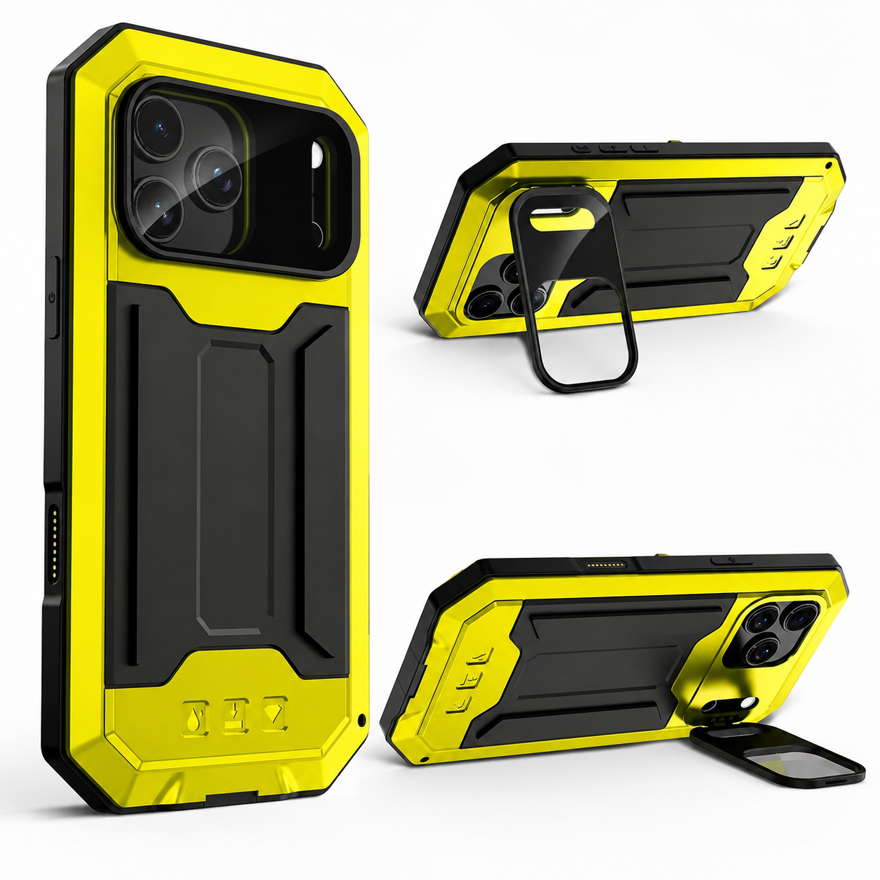Premium iPhone Case Full Body Aluminum Design with Camera Lens Protection, Built In Screen Guard, Dual Layer Shockproof Structure and Kickstand Function