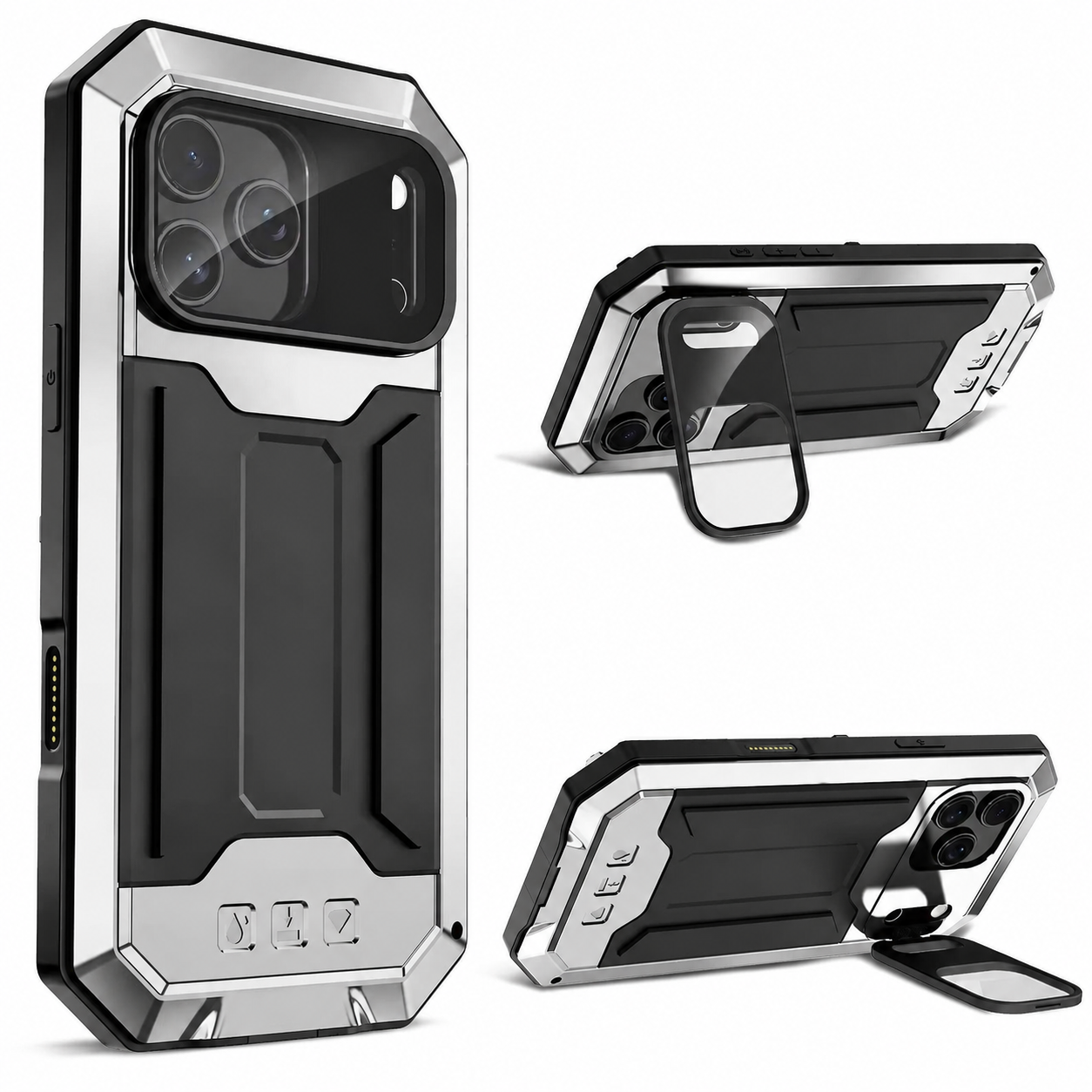 Premium iPhone Case Full Body Aluminum Design with Camera Lens Protection, Built In Screen Guard, Dual Layer Shockproof Structure and Kickstand Function