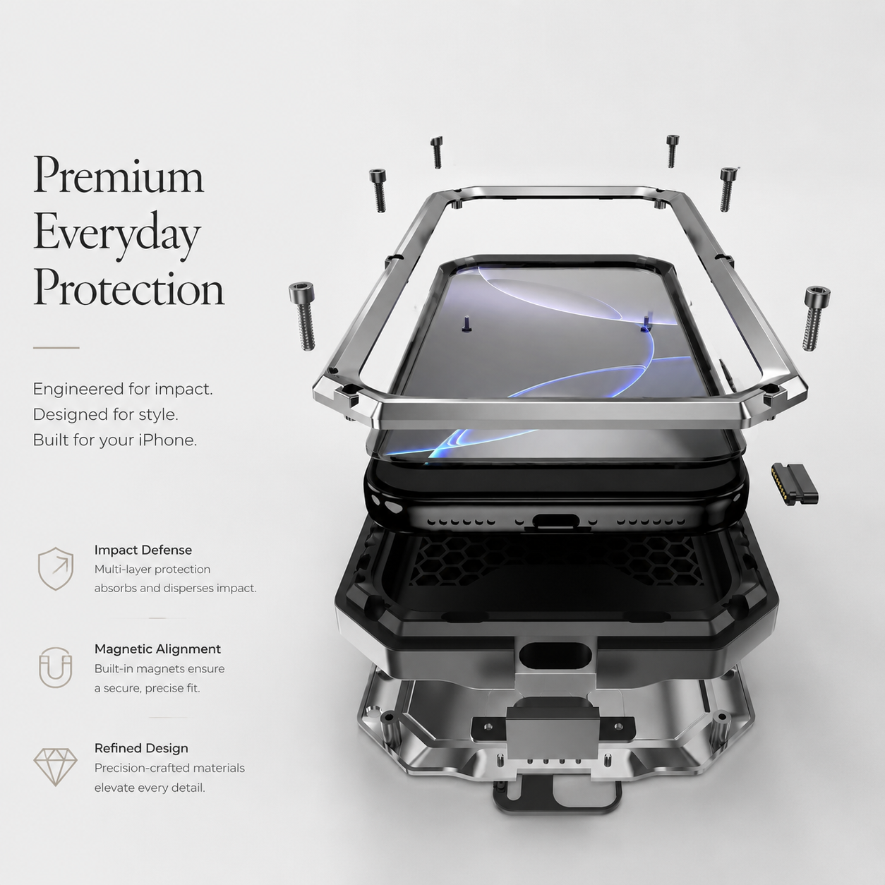 Premium iPhone Case Full Body Aluminum Design with Camera Lens Protection, Built In Screen Guard, Dual Layer Shockproof Structure and Kickstand Function