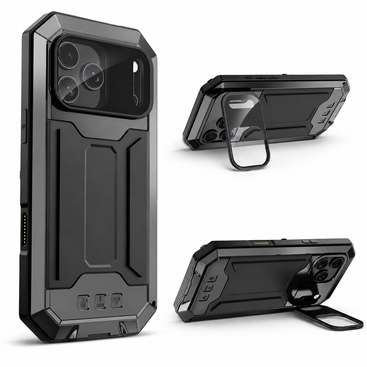 Premium iPhone Case Full Body Aluminum Design with Camera Lens Protection, Built In Screen Guard, Dual Layer Shockproof Structure and Kickstand Function