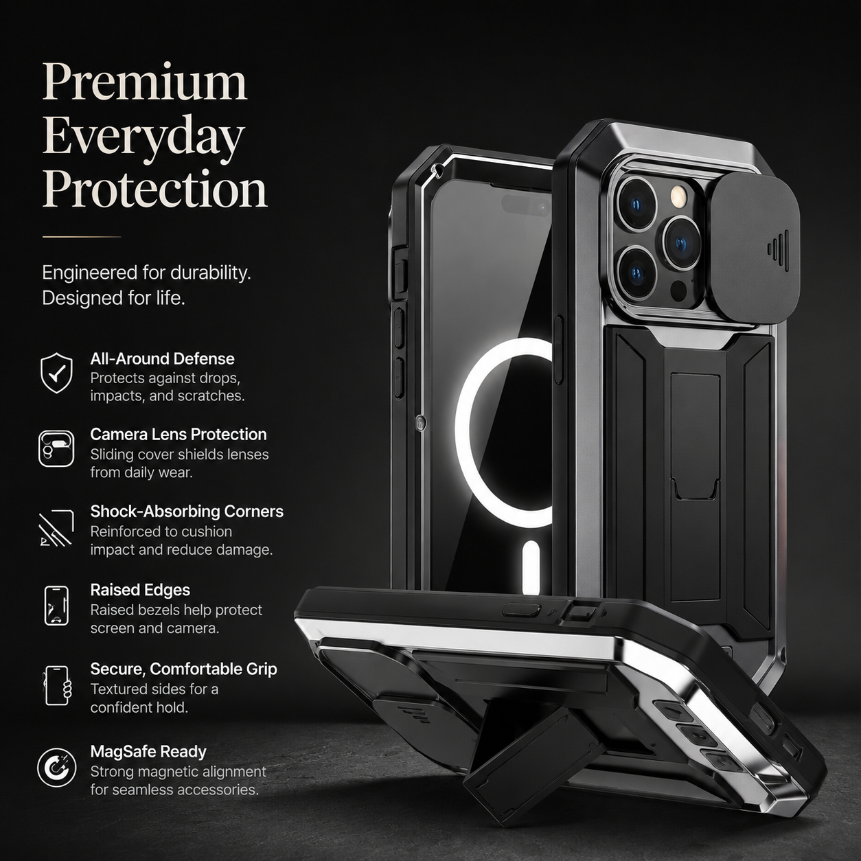 Premium iPhone Case Full Body Aluminum Metal Armor with Camera Lens Protection, Built In Screen Guard, Shockproof Dustproof Structure and Secure Grip
