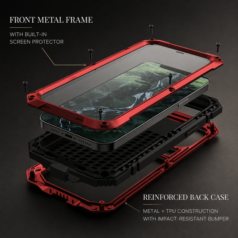 Premium iPhone Case Full Body Aluminum Metal Design with Camera Lens Protection, Built In Screen Guard, Shockproof Dustproof Structure and Secure Grip