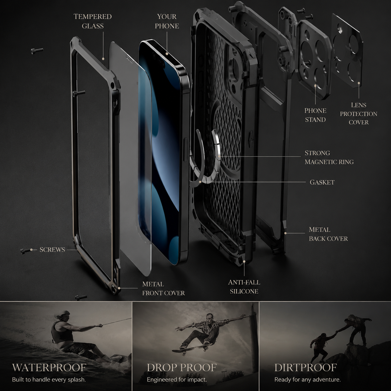 Premium iPhone Case Full-Body Military Protection with Built-In Screen Protector, Sliding Camera Guard, Kickstand and Non-Slip Shockproof Design